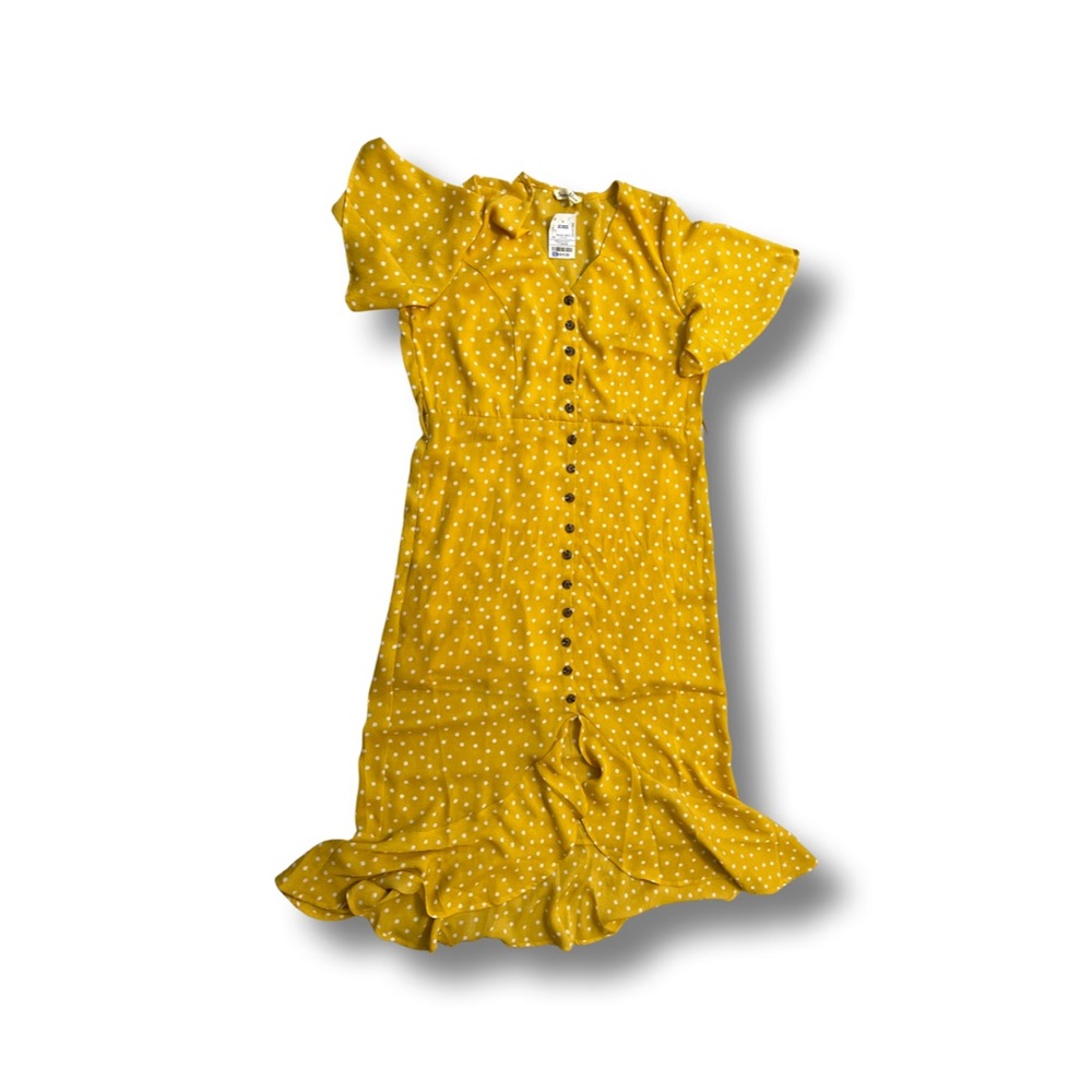 Indigo Rose - Yellow and White Polka Dot Short Sleeve Midi Dress (Large)